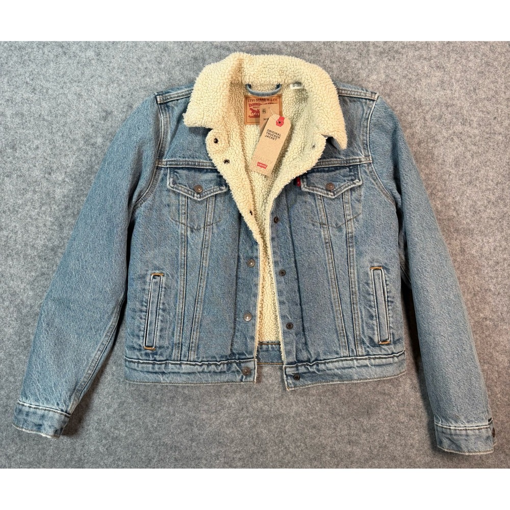 Levis Original Trucker Jacket Light Wash Denim Sherpa Lined Blue Medium NEW